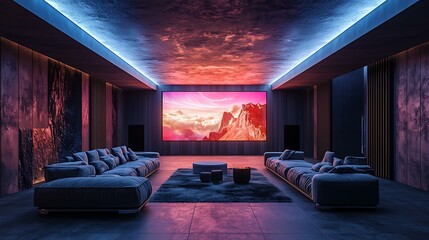 A high-tech home theater with immersive sound systems, ambient lighting, holographic screens displaying abstract visuals, minimalist interior, 8K sharp render