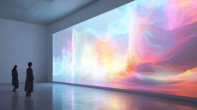 A holographic art projector displaying abstract visuals that respond to background noise, embedded in a clean white gallery wall, 8K ultra-detailed