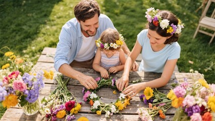 Family Making Flower Crowns Together - Authentic Lifestyle Moment