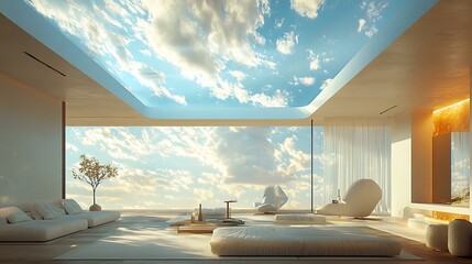 A high-tech ceiling that mimics sky movement using refracted light, creating a time-sensitive natural feel indoors, soft illumination gradients, 8K ultra-detailed