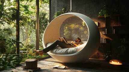 A hanging soft-shell cocoon for reading or napping, made of reactive light mesh and sound-insulating fabric, futuristic relaxation pod, 8K sharp render