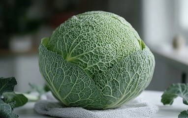 Fototapeta premium Close-up of a fresh green savoy cabbage on a light surface.