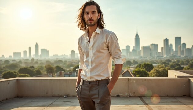 Stylish Rooftop Portrait of Aman Malik in Linen Shirt and Trousers, City Skyline

