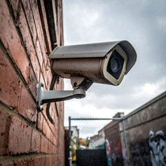 Urban surveillance. A security camera mounted on a brick wall watches over the alley. Captures security, safety, and monitoring concepts. Great for crime prevention visuals.
