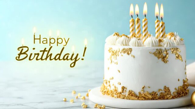 Elegant birthday cake with golden details and striped candles on marble table. 4K video