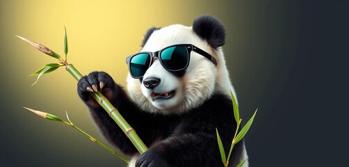 A chubby panda in sunglasses, playfully holding bamboo stalks, against a solid backdrop,  happy,  funny panda