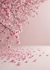 Fototapeta premium Delicate pink sakura petals drift on a soft pastel backdrop , subtle, cherry