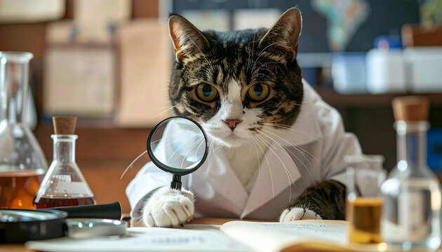 Funny cat scientist conducts science research holding magnifying glass