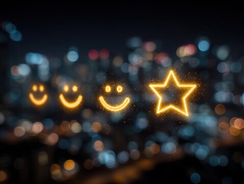 Three glowing smiley faces and a star are drawn with light against a blurred city nightscape.