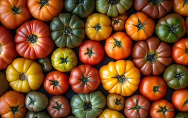 Assorted colorful tomatoes arranged in a pattern.