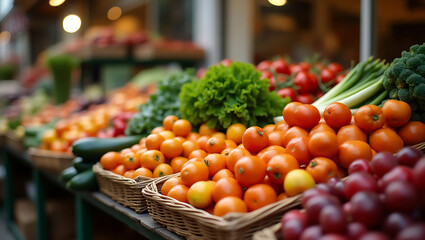Fresh and colorful display of various vegetables and fruits at a local farmers market stand