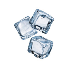 Obraz premium Three translucent ice cubes, arranged in a visually appealing composition, isolated from a plain background. Each cube reflects light, creating a cool and refreshing atmosphere