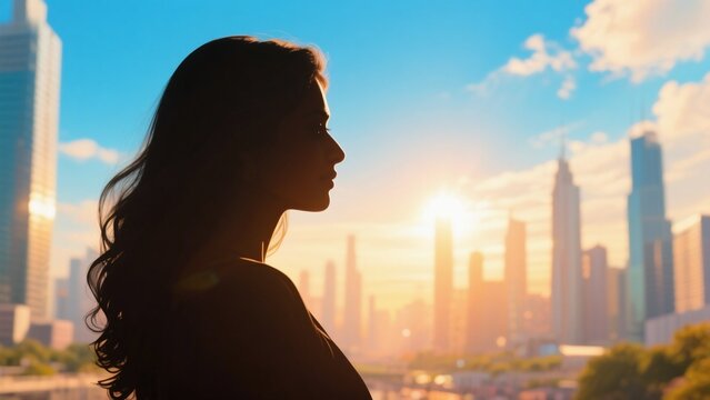 Woman Gazing at Cityscape. Success and ambition against sunrise backdrop