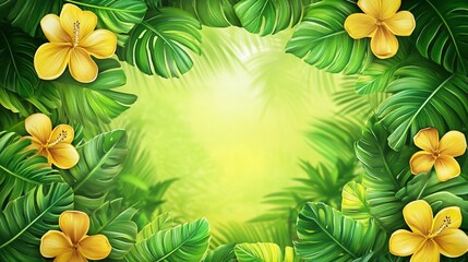 Lush tropical foliage frame with bright yellow flowers.