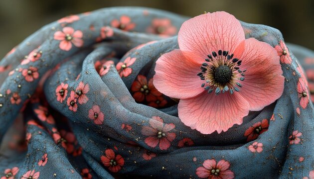 Pink anemone blossom rests on a patterned, flowing, floral scarf material. Use for background, designs, textures, or elegant floral compositions.