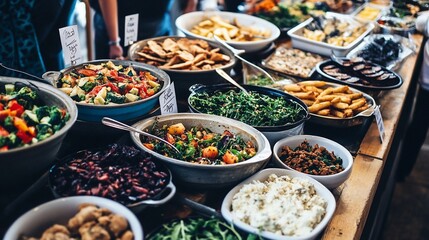 Variety of healthy food dishes in large bowls at a buffet.