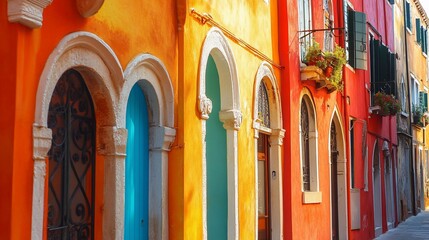 Colorful Venetian alleyway with vibrant houses, arched doorways, and flower boxes. Sunlight illuminates the charming European architecture.