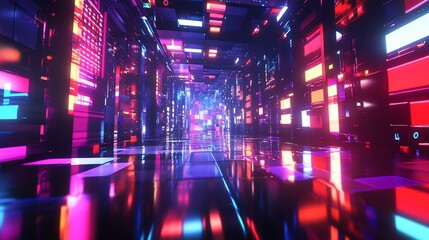 Futuristic neon tunnel hallway with glowing rectangular panels and reflections.