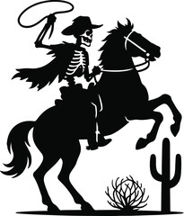Skeleton Cowboy Riding Horse with Lasso Western Undead Vector Art