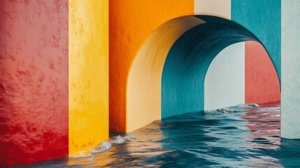 Colorful archway tunnel submerged in water. Vivid, painted walls in rainbow hues create an archway structure over a body of water, with gentle ripples on the surface.
