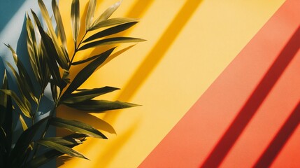 Bright, vibrant, tropical palm leaf against a vibrant color backdrop.  Sunlight casts diagonal shadows.