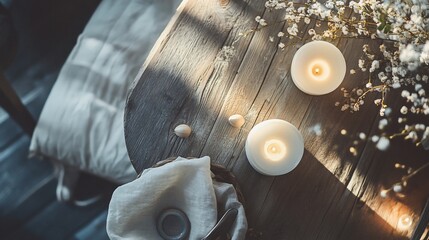 Rustic wooden table with candles, flowers, and natural objects.
