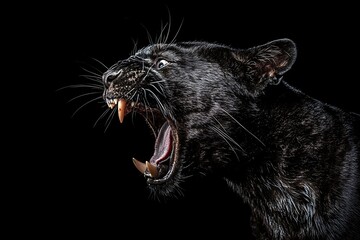 A fierce black panther roaring displaying sharp teeth and powerful expression in darkness