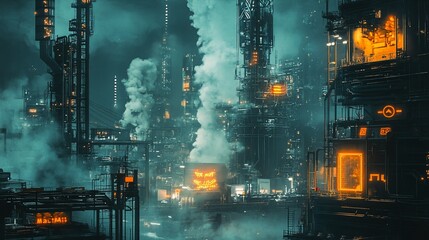 Futuristic, industrial city at night shrouded in fog and smoke, with glowing orange-yellow lights illuminating tall structures and pipes.