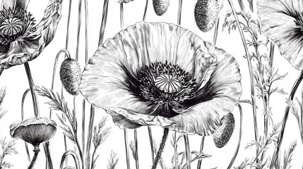 black and white toile de Jouy pattern, hand-drawn botanical illustration, vintage floral sketch, engraving style, high detail, seamless textile design, elegant, 18th century French style, monochrome