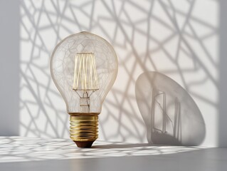 Vintage Edison bulb with cracked glass emitting warm golden light, geometric shadows on white wall, retro-futuristic texture contrast.