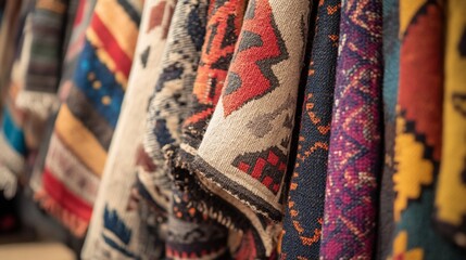 Colorful, patterned blankets and throws hanging in a store.