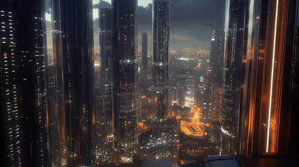 Futuristic cityscape at night with tall, dark skyscrapers, illuminated city lights, and a misty atmosphere.
