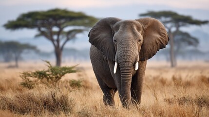 Fototapeta premium Majestic elephant portrait, amidst tall grass and sparse trees on the African plains