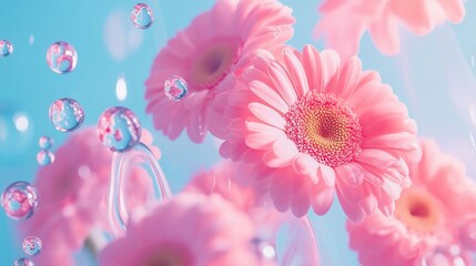 Delicate pink gerbera daisies in water with bubbles.