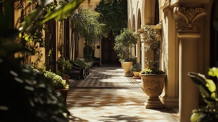 Sun-drenched courtyard walkway lined with lush greenery and antique-style planters.