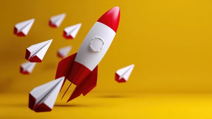 Vibrant 3D Illustration of a Rocket Soaring Amidst Paper Airplanes in a Bright Yellow Background