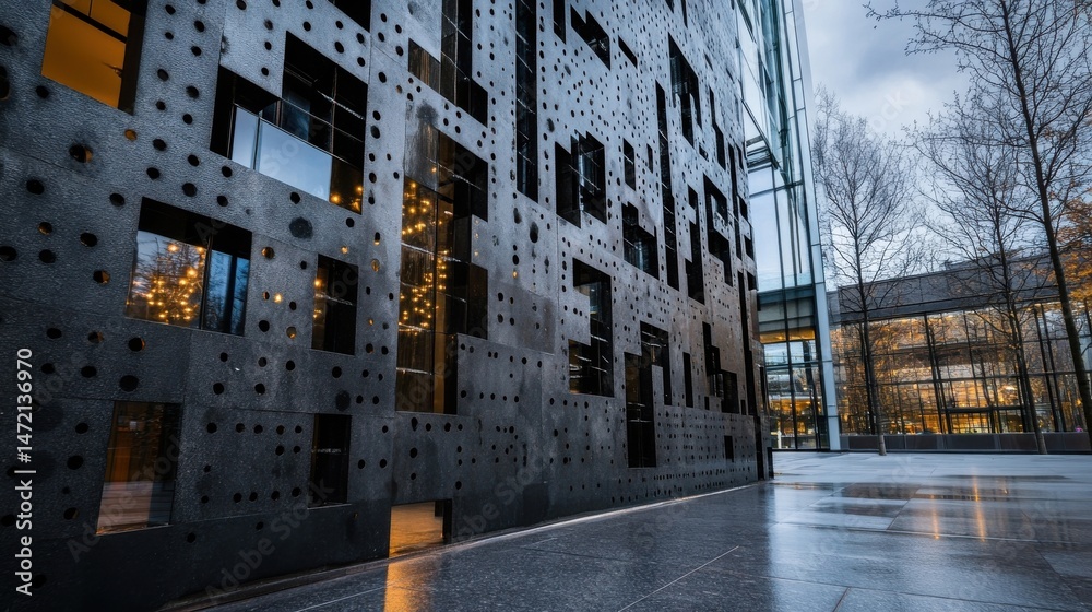 Poster modern building exterior with perforated dark gray facade, featuring illuminated windows and reflect