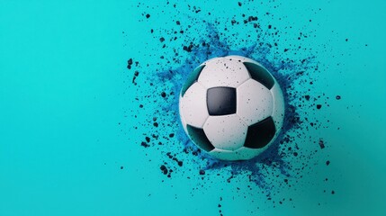 Fototapeta premium Dynamic Soccer Ball on Vibrant Turquoise Background with Color Splash Effect
