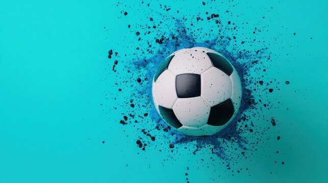 Dynamic Soccer Ball on Vibrant Turquoise Background with Color Splash Effect