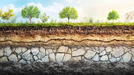Cross section of soil and vegetation with trees under a cloudy sky