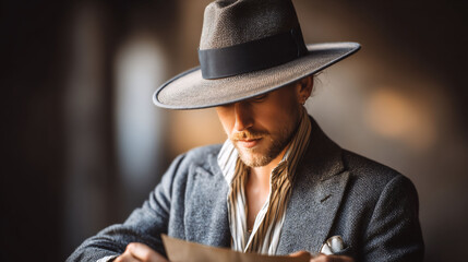 Man in fedora reads letter. Tweed jacket and striped shirt details visible