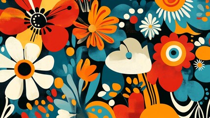 Vibrant floral pattern with bold colors and shapes.