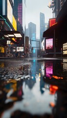 Bustling Cityscape Reflections on Wet Street