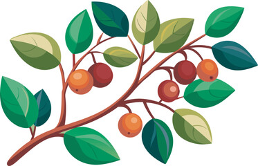 A vibrant vector art illustration showcasing delicious, ripe serviceberries with lush leaves, highlighting their natural beauty and tempting, fresh appearance
