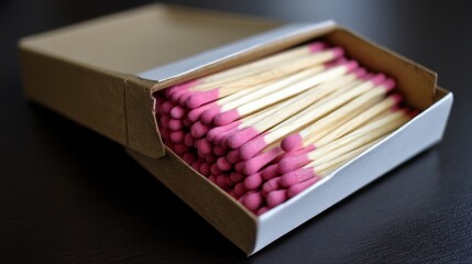 A box of pink-tipped matches ready for use in various applications