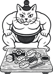 cat sumo wrestler stands in fighting stance in front of sushi set hand drawing vector style engraving
