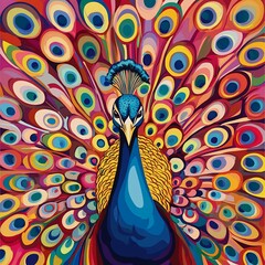 Vibrant peacock with colorful feathers in close-up view.