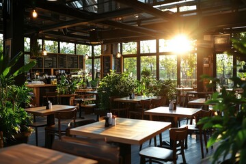 Fototapeta premium Sunny cafe interior with plants