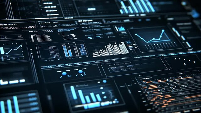 Advanced digital dashboard with multiple screens showing glowing blue data visualizations, charts, and complex analytics