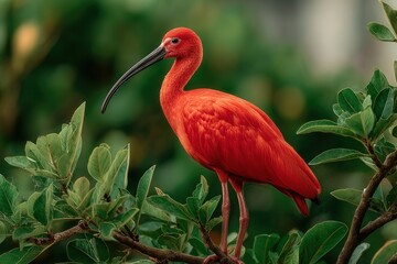 Naklejka premium Hyper-realistic Scarlet Ibis with vivid red feathers perched in a tropical wetland, glowing in natural sunlight, captured with a sharp 85mm lens.